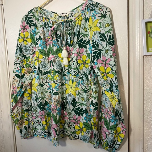 Boden Cotton Floral Peasant Blouse Tassel Long Sleeve Colorful Top Womens Sz 6 - Picture 5 of 9